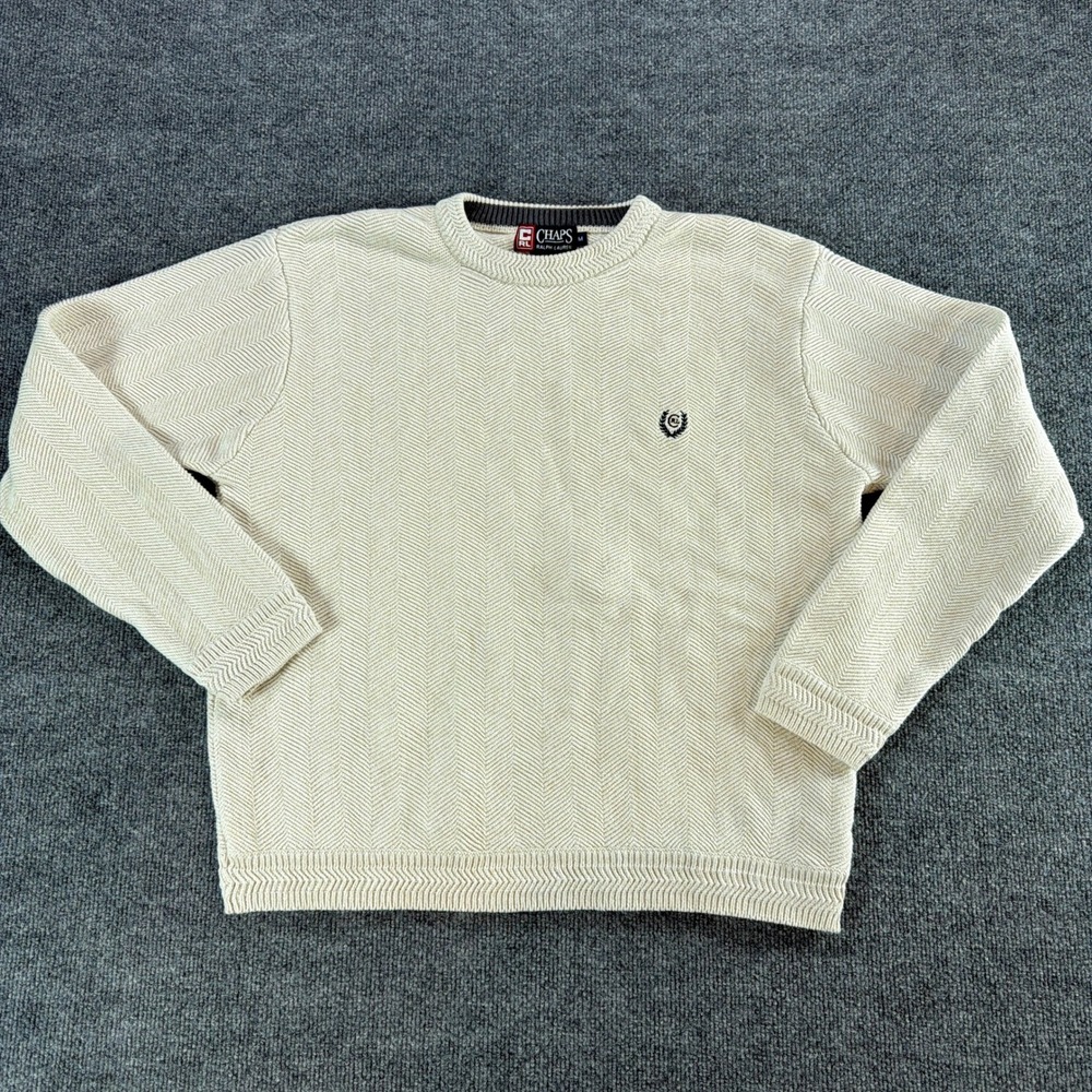 Chaps Ralph Lauren Mens Medium Cream Chevron Knit Crewneck Cotton Sweater Chunky